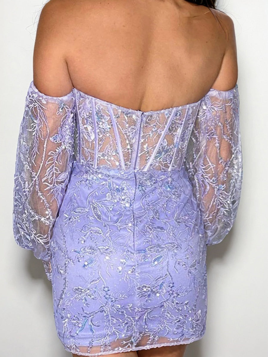 Sheath Sweetheart Long Sleeves Appliques Lace Short/Mini Tulle Corset Dress
