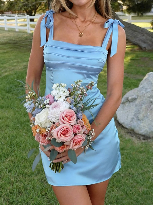 Sheath Straps Pleated Short/Mini Silk Like Satin Dress