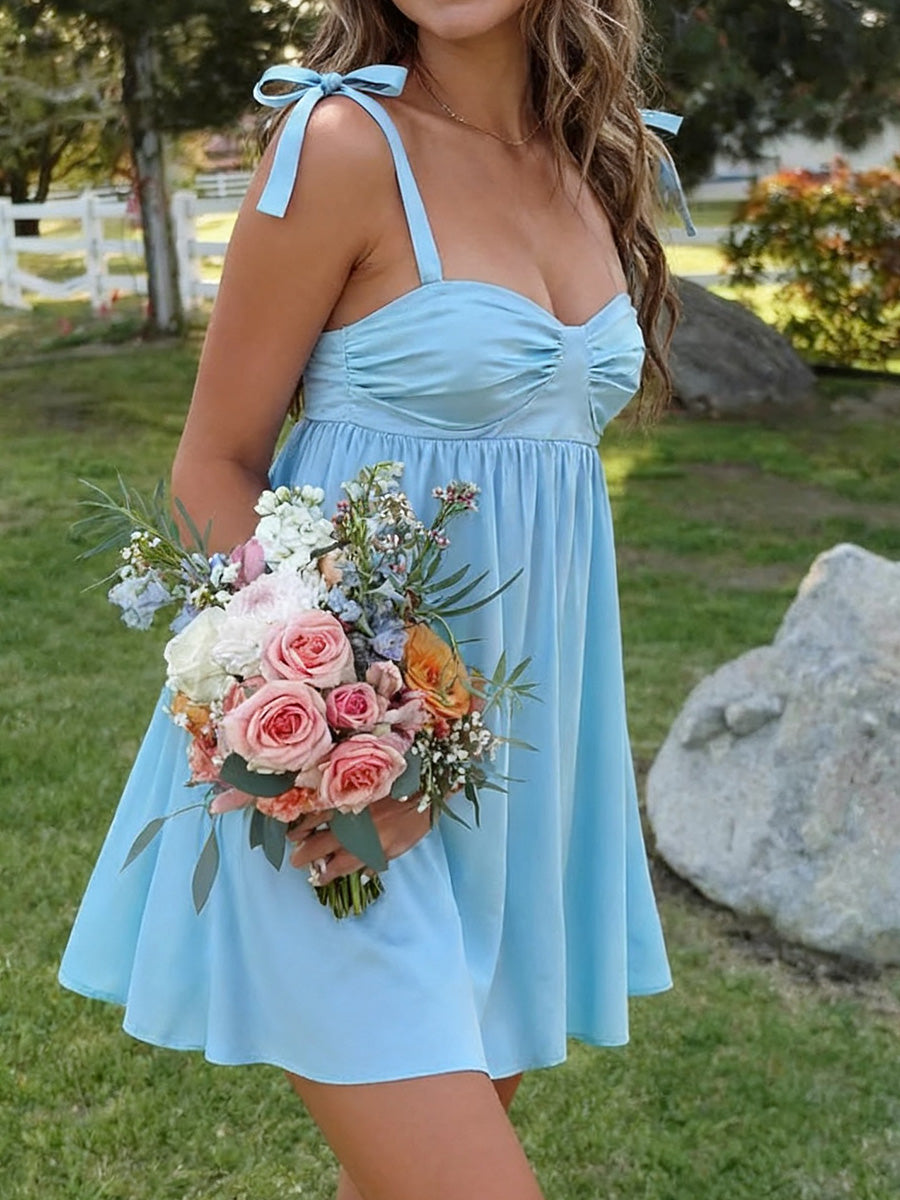A-line Straps Pleated Short/Mini Silk Like Satin Dress