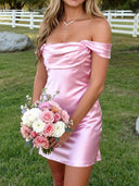 Sheath Off-the-Shoulder Pleated Short/Mini Silk Like Satin Dress