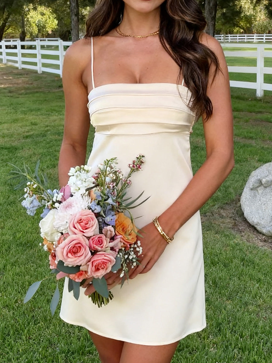Sheath Spaghetti Straps Pleated Short/Mini Silk Like Satin Dress