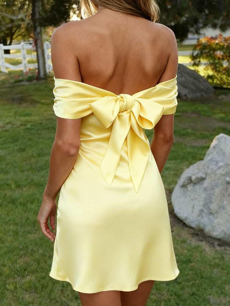Sheath Off-the-Shoulder Bow Short/Mini Silk Like Satin Dress