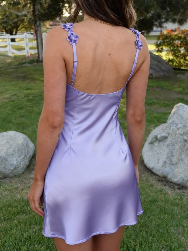Sheath Straps Flower Short/Mini Silk Like Satin Dress