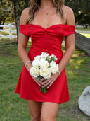 Sheath Off-the-Shoulder Short/Mini Silk Like Satin Dress