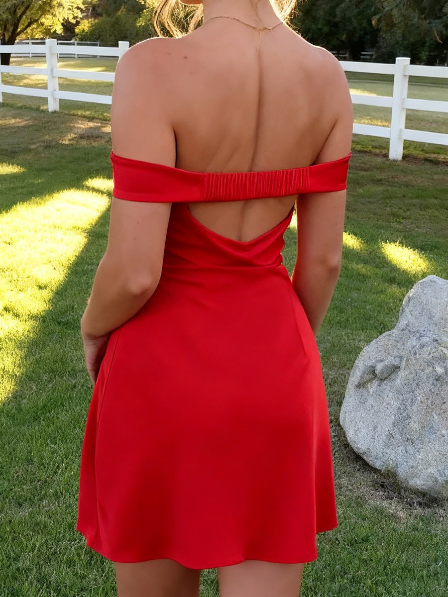 Sheath Off-the-Shoulder Short/Mini Silk Like Satin Dress