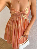 A-line Spaghetti Straps Pleated Short/Mini Metallic Satin Homecoming Dress