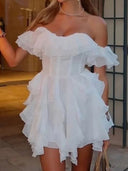 A-line Off-the-Shoulder Ruffles Short/Mini Chiffon Corset Homecoming Dress
