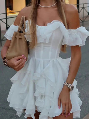 A-line Off-the-Shoulder Ruffles Short/Mini Chiffon Corset Homecoming Dress