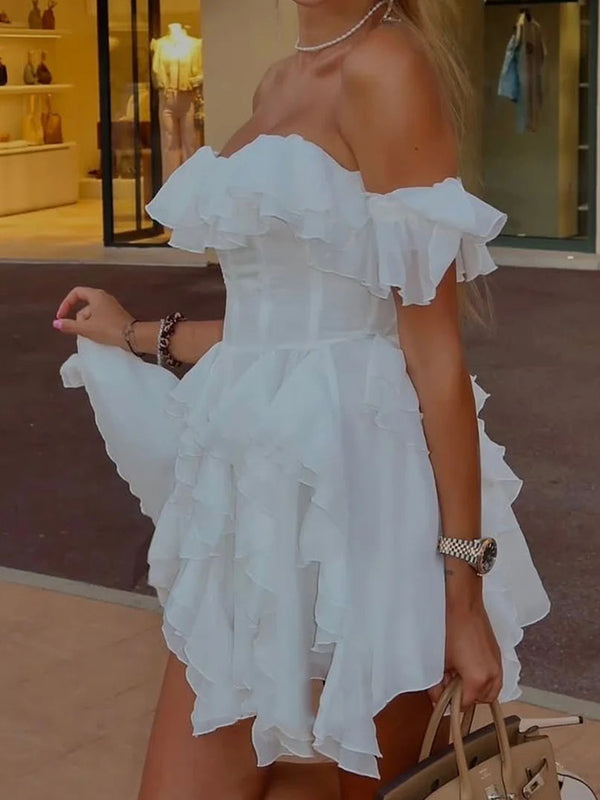 A-line Off-the-Shoulder Ruffles Short/Mini Chiffon Corset Homecoming Dress