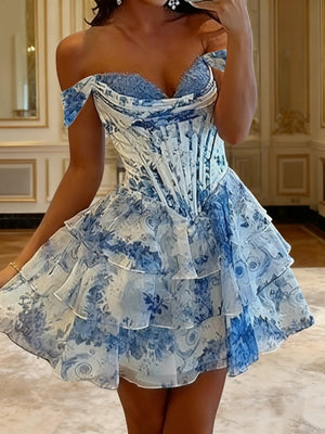 A-line Off-the-Shoulder Cascading Ruffles Short/Mini Corset Homecoming Dress