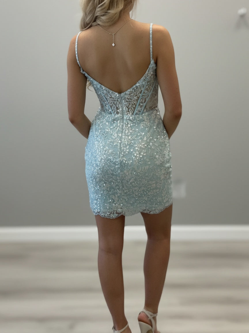 Sheath V-neck Appliques Lace Short/Mini Tulle Corset Homecoming Dress