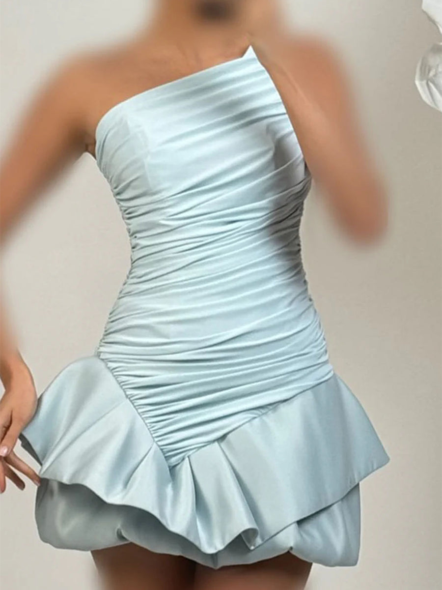 A-line One-Shoulder Pleated Short/Mini Satin Corset Homecoming Dress