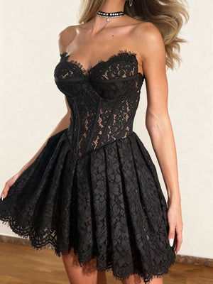 A-line Sweetheart Ruffles Short/Mini Lace Corset Homecoming Dress