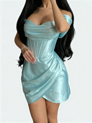 Sheath Off-the-Shoulder Pleated Short/Mini Silk Like Satin Corset Homecoming Dress