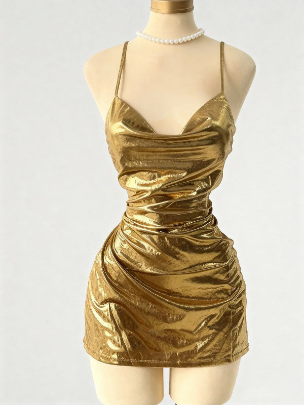 Sheath Spaghetti Straps Pleated Short/Mini Metallic Satin Homecoming Dress
