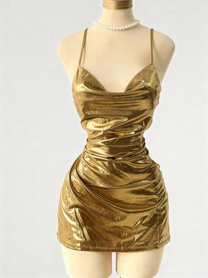 Sheath Spaghetti Straps Pleated Short/Mini Metallic Satin Homecoming Dress