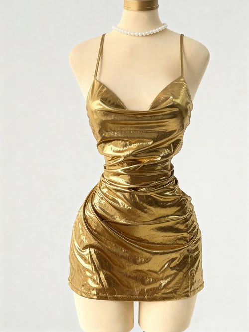 Sheath Spaghetti Straps Pleated Short/Mini Metallic Satin Homecoming Dress