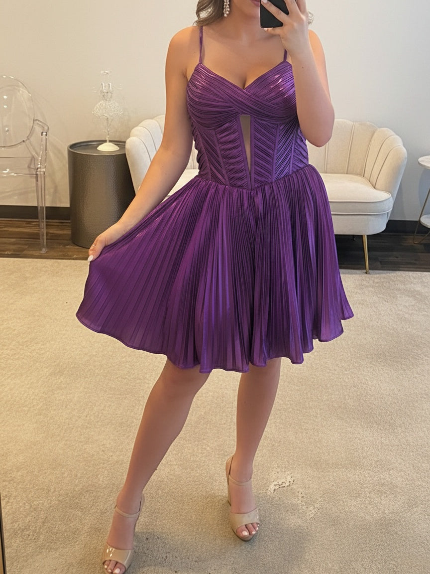 A-line Spaghetti Straps Ruffles Short/Mini Metallic Satin Corset Homecoming Dress