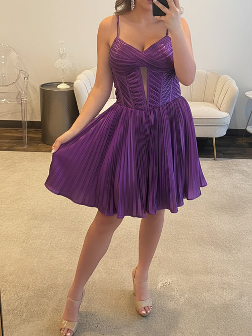 A-line Spaghetti Straps Ruffles Short/Mini Metallic Satin Corset Homecoming Dress