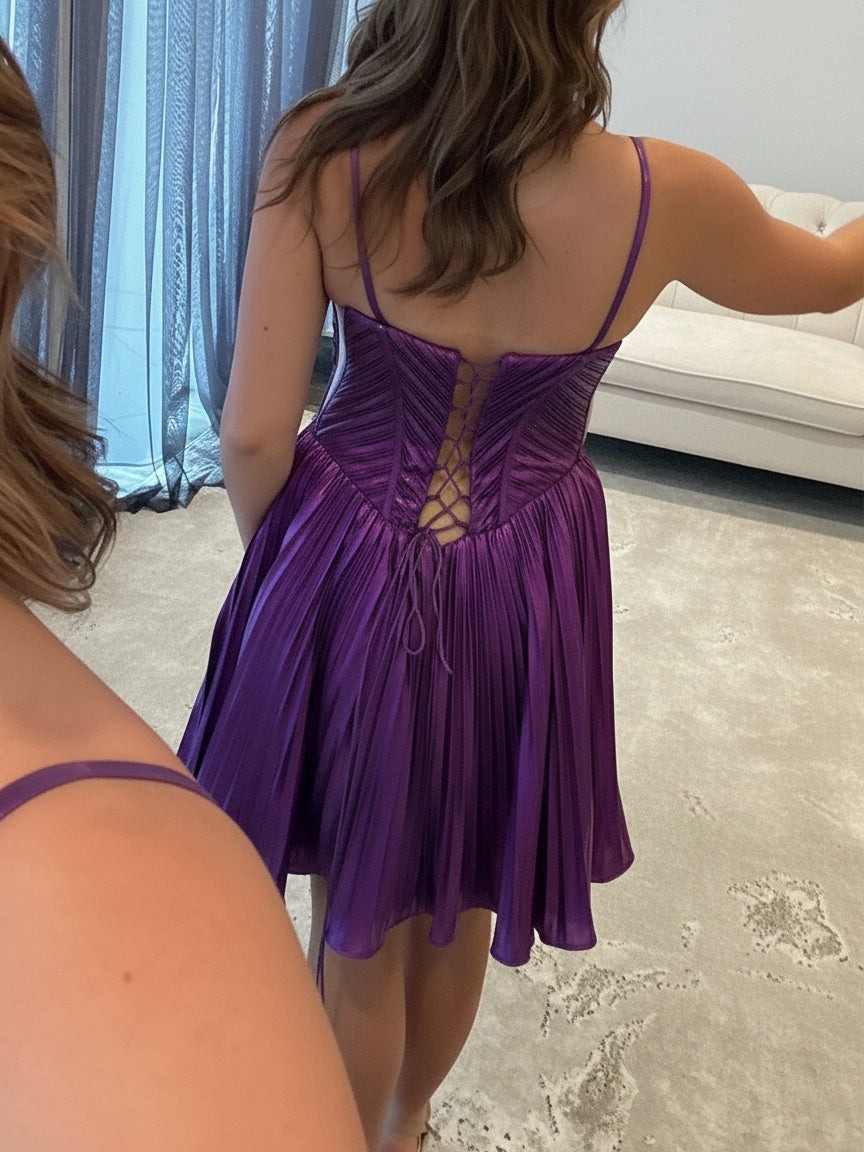 A-line Spaghetti Straps Ruffles Short/Mini Metallic Satin Corset Homecoming Dress