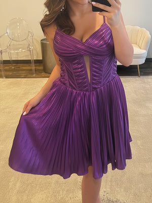 A-line Spaghetti Straps Ruffles Short/Mini Metallic Satin Corset Homecoming Dress