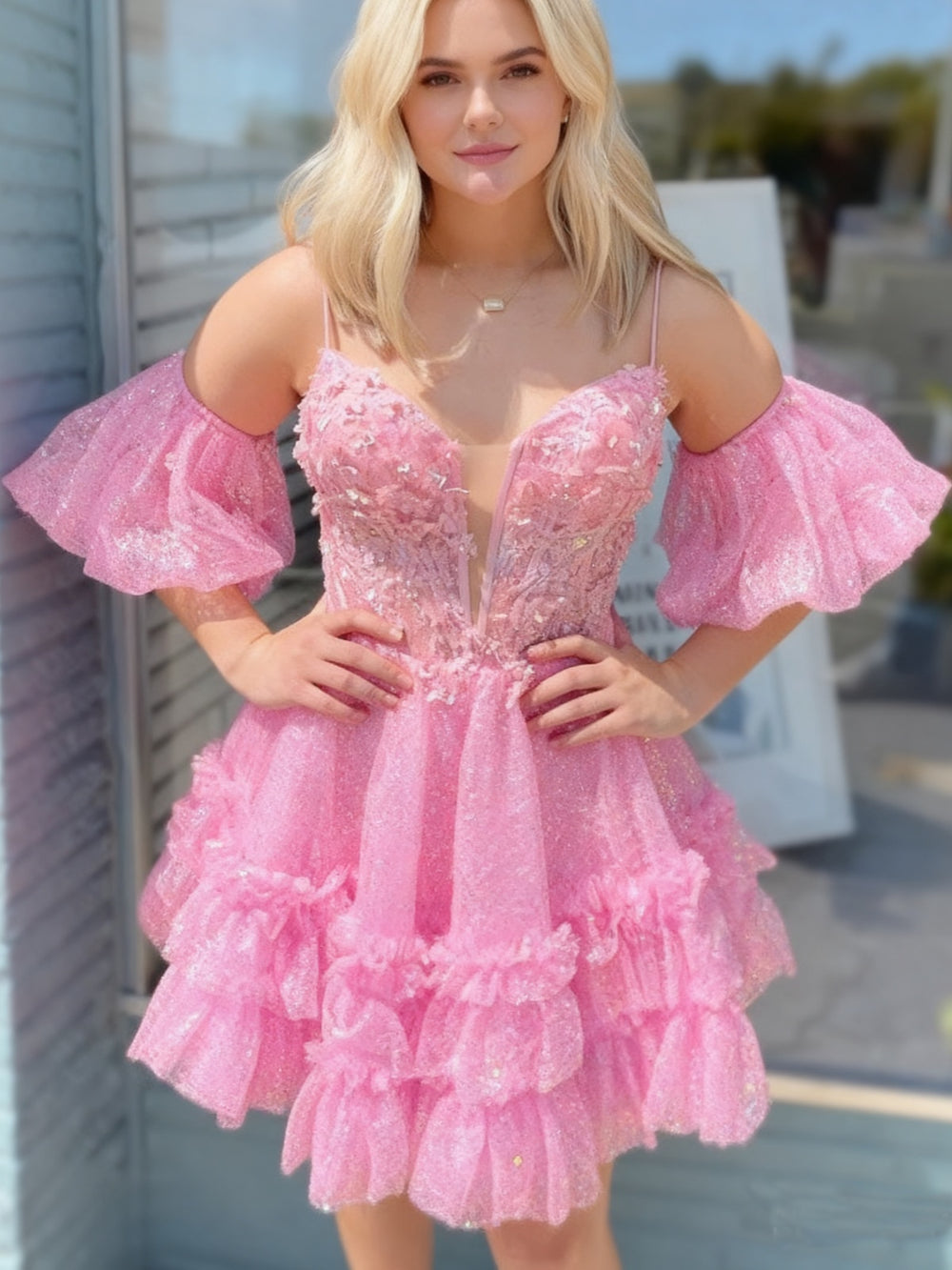 A-line Spaghetti Straps Short Sleeves Appliques Lace Short/Mini Corset Homecoming Dress