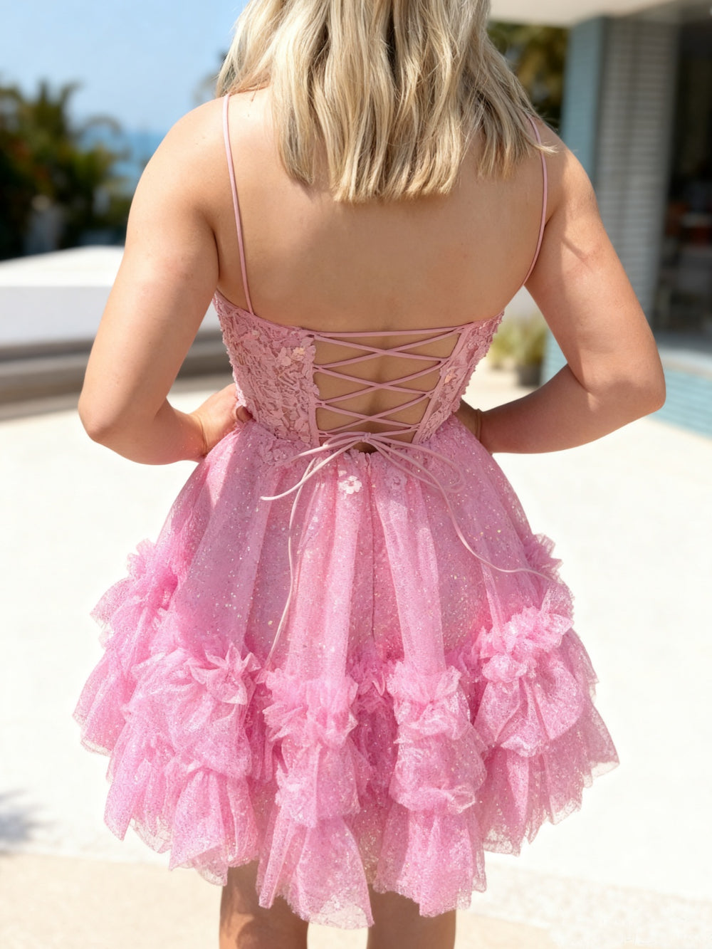 A-line Spaghetti Straps Short Sleeves Appliques Lace Short/Mini Corset Homecoming Dress