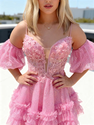 A-line Spaghetti Straps Short Sleeves Appliques Lace Short/Mini Corset Homecoming Dress