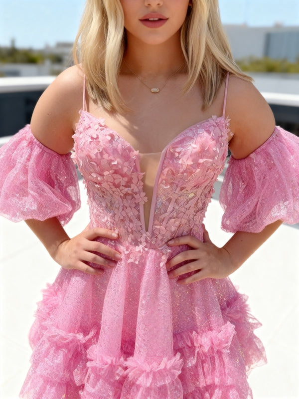 A-line Spaghetti Straps Short Sleeves Appliques Lace Short/Mini Corset Homecoming Dress
