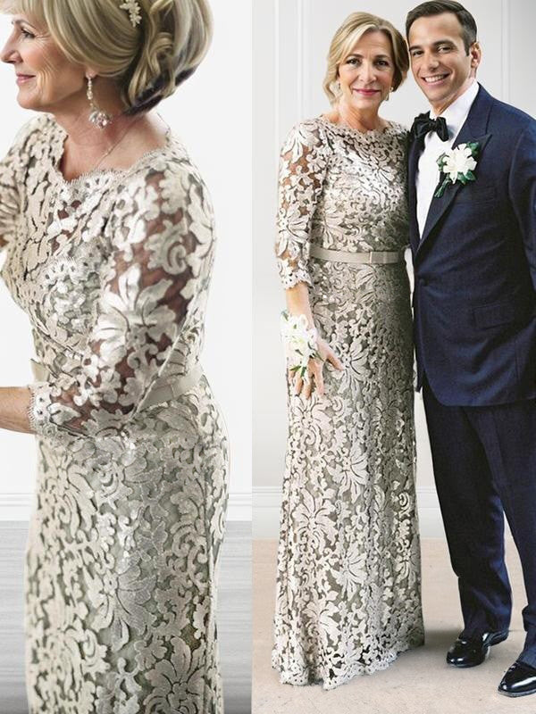 Sheath Scoop 3/4 Sleeves Appliques Lace Floor-Length Lace Mother of the Bride Dress