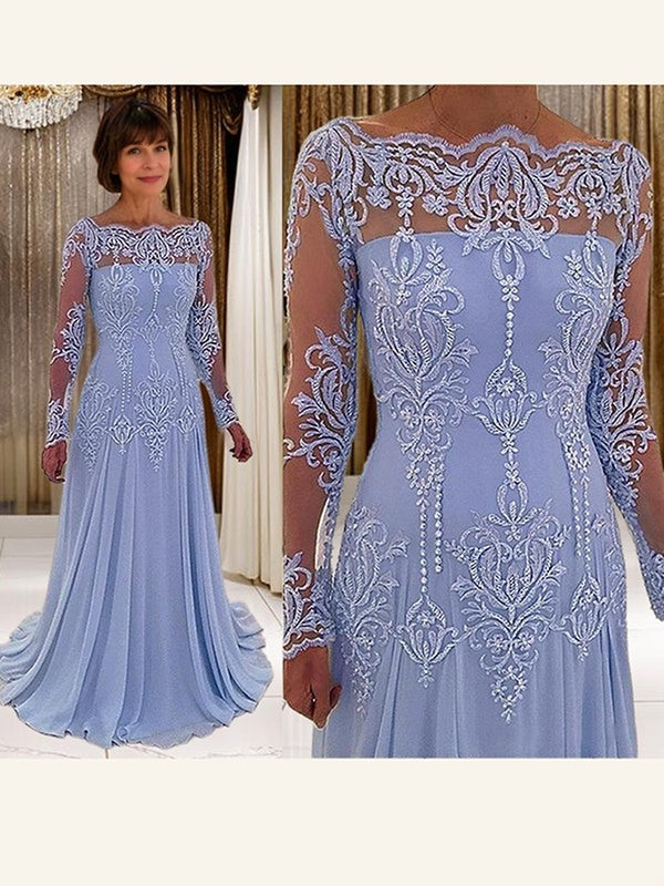 A-line Scoop Long Sleeves Appliques Lace Sweep Train Chiffon Mother of the Bride Dress
