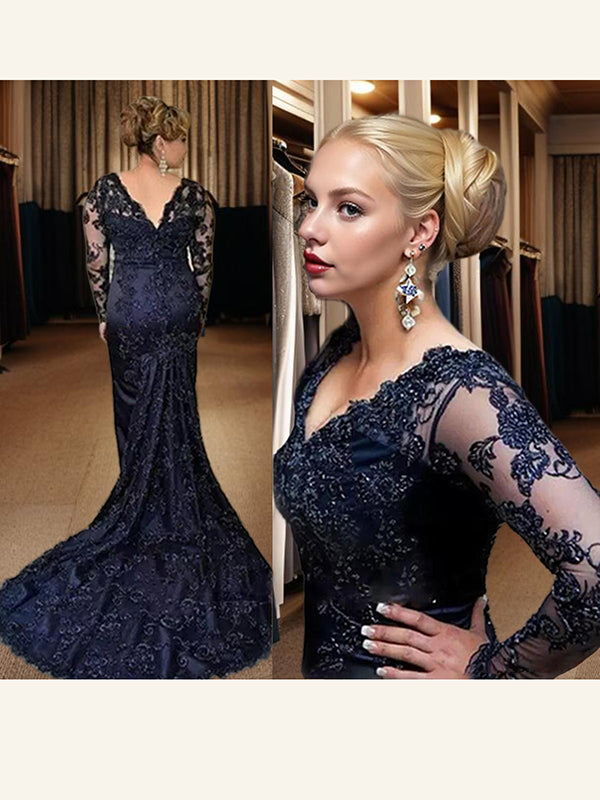 Sheath V-neck Long Sleeves Appliques Lace Chapel Train Lace Mother of the Bride Dress