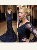 Sheath V-neck Long Sleeves Appliques Lace Chapel Train Lace Mother of the Bride Dress