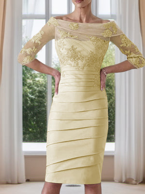 Sheath Scoop 3/4 Sleeves Appliques Lace Knee-Length Satin Mother of the Bride Dress