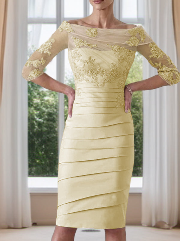 Sheath Scoop 3/4 Sleeves Appliques Lace Knee-Length Satin Mother of the Bride Dress