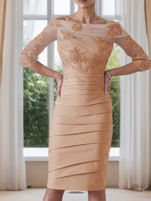 Sheath Scoop 3/4 Sleeves Appliques Lace Knee-Length Satin Mother of the Bride Dress