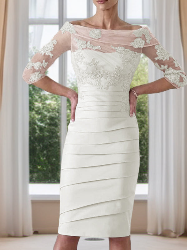 Sheath Scoop 3/4 Sleeves Appliques Lace Knee-Length Satin Mother of the Bride Dress