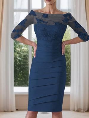 Sheath Scoop 3/4 Sleeves Appliques Lace Knee-Length Satin Mother of the Bride Dress