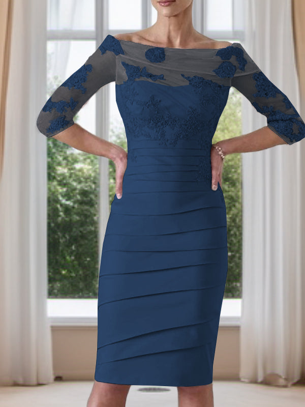 Sheath Scoop 3/4 Sleeves Appliques Lace Knee-Length Satin Mother of the Bride Dress
