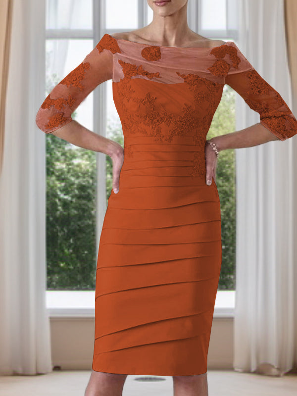 Sheath Scoop 3/4 Sleeves Appliques Lace Knee-Length Satin Mother of the Bride Dress
