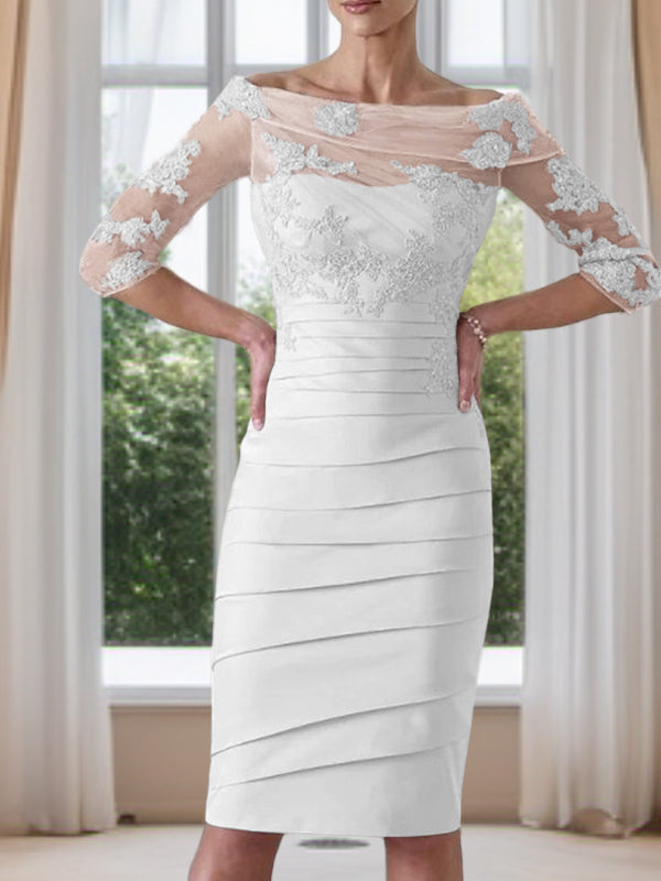 Sheath Scoop 3/4 Sleeves Appliques Lace Knee-Length Satin Mother of the Bride Dress