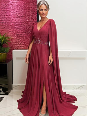A-line V-neck Long Sleeves Flower Court Train Chiffon Mother of the Bride Dress