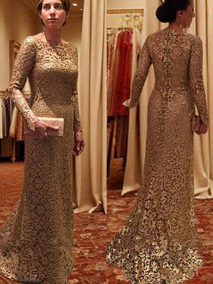 Sheath Scoop Long Sleeves Appliques Lace Sweep Train Lace Mother of the Bride Dress