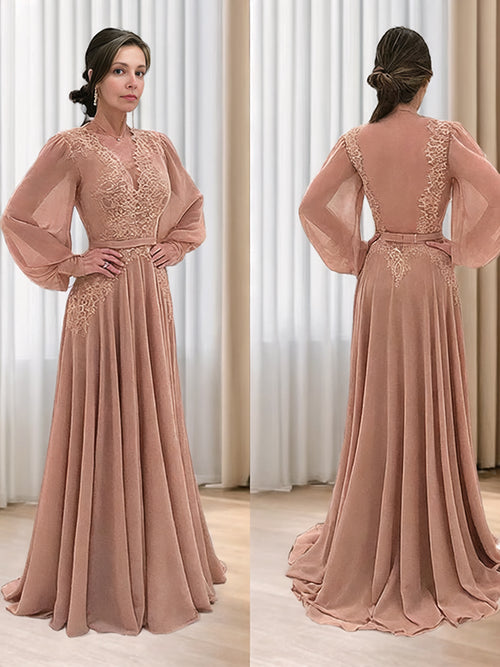 A-line V-neck Long Sleeves Appliques Lace Sweep Train Chiffon Mother of the Bride Dress