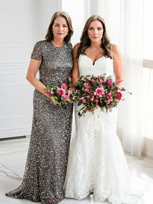Sheath Scoop Short Sleeves Sequin Sweep Train Sequins Mother of the Bride Dress
