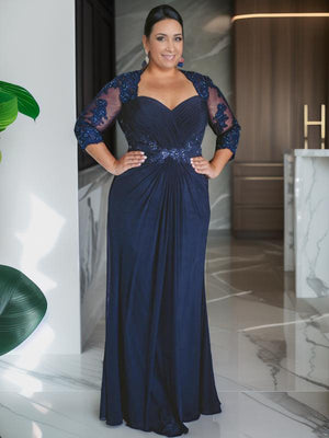 Sheath Sweetheart 3/4 Sleeves Pleated Floor-Length Chiffon Mother of the Bride Dress