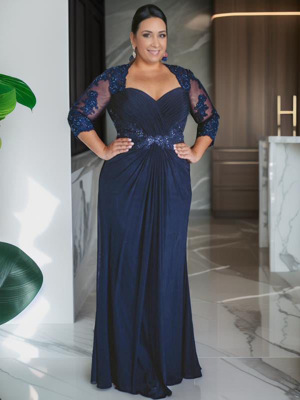 Sheath Sweetheart 3/4 Sleeves Pleated Floor-Length Chiffon Mother of the Bride Dress