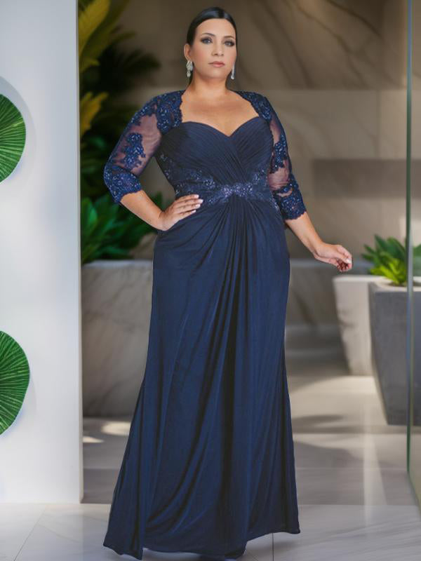 Sheath Sweetheart 3/4 Sleeves Pleated Floor-Length Chiffon Mother of the Bride Dress