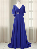 A-line V-neck Short Sleeves Pleated Sweep Train Chiffon Mother of the Bride Dress