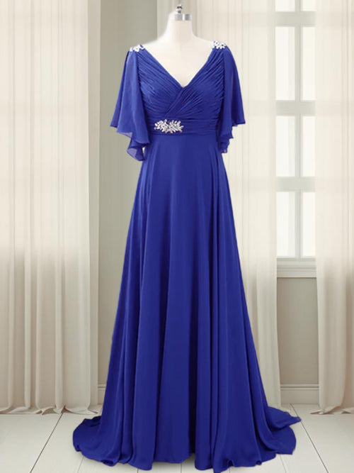 A-line V-neck Short Sleeves Pleated Sweep Train Chiffon Mother of the Bride Dress